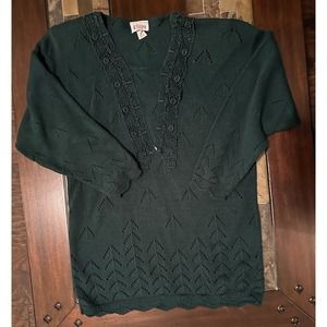 Vtg‎ Bright Lights 80's Diamond Green Long Sleeve Lace Trimmed Sweater Sz 14 W
